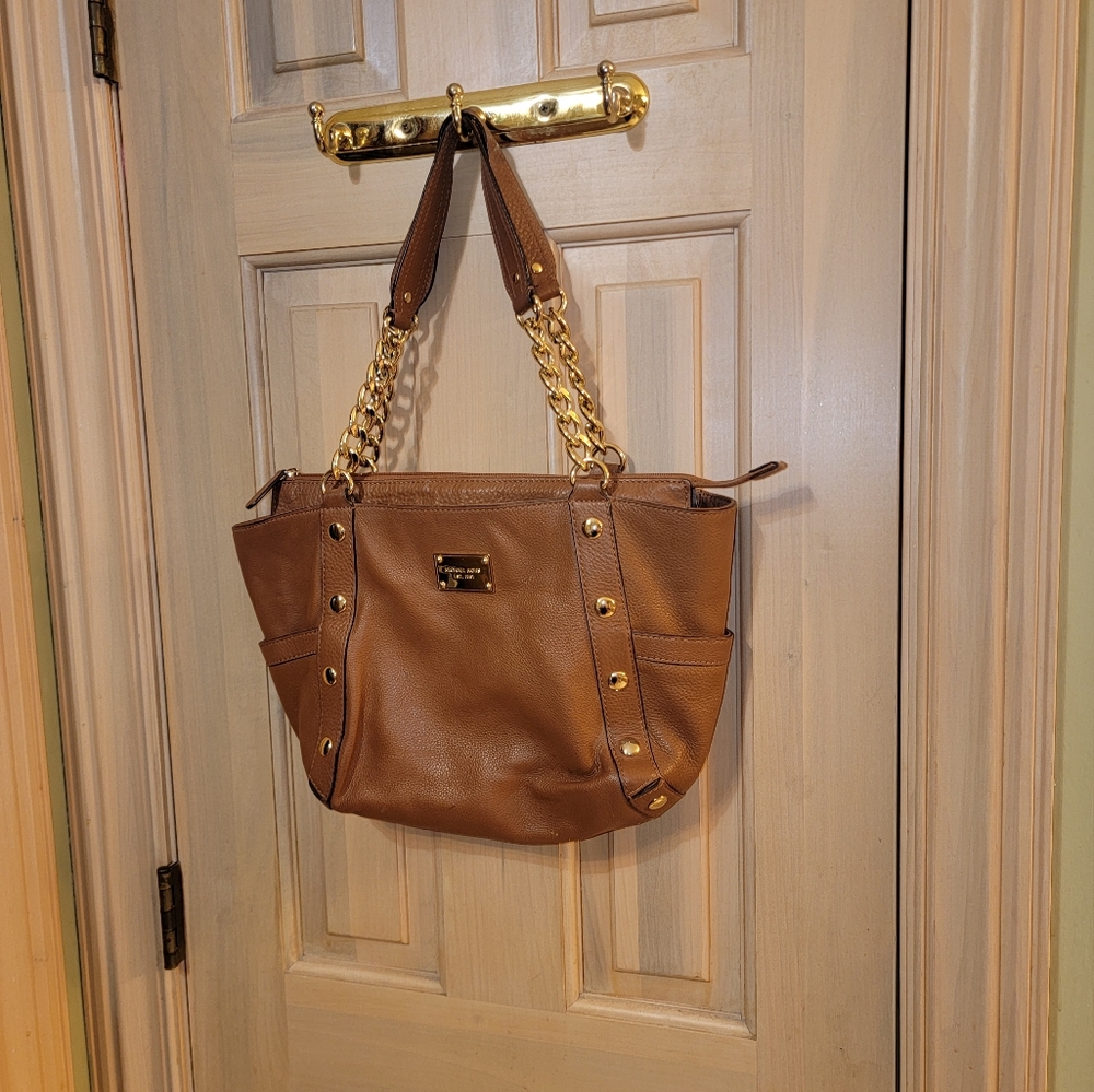 Michael Kors Double Handle Chain And Leather Purse Gold Studs Satchel